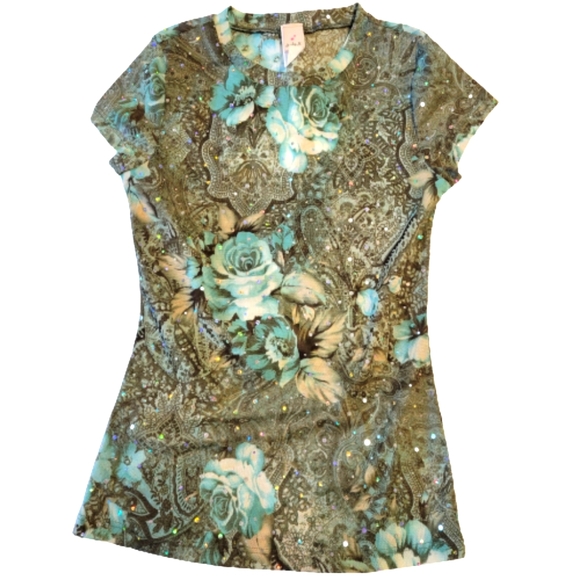 Judy Jr. Women's size small short sleeve see-through floral shirt with sparkles - Picture 1 of 12
